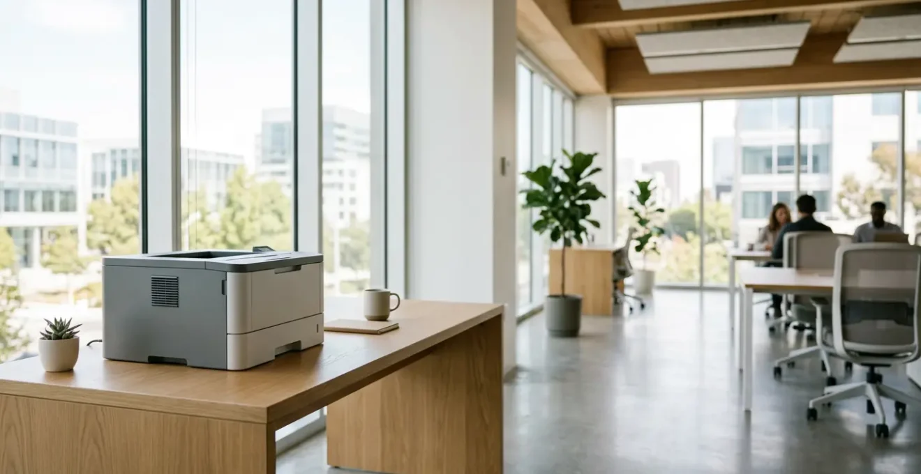 Imprimante laser compacte nouvelle génération installée dans un bureau collaboratif silencieux