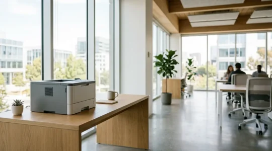 Imprimante laser compacte nouvelle génération installée dans un bureau collaboratif silencieux