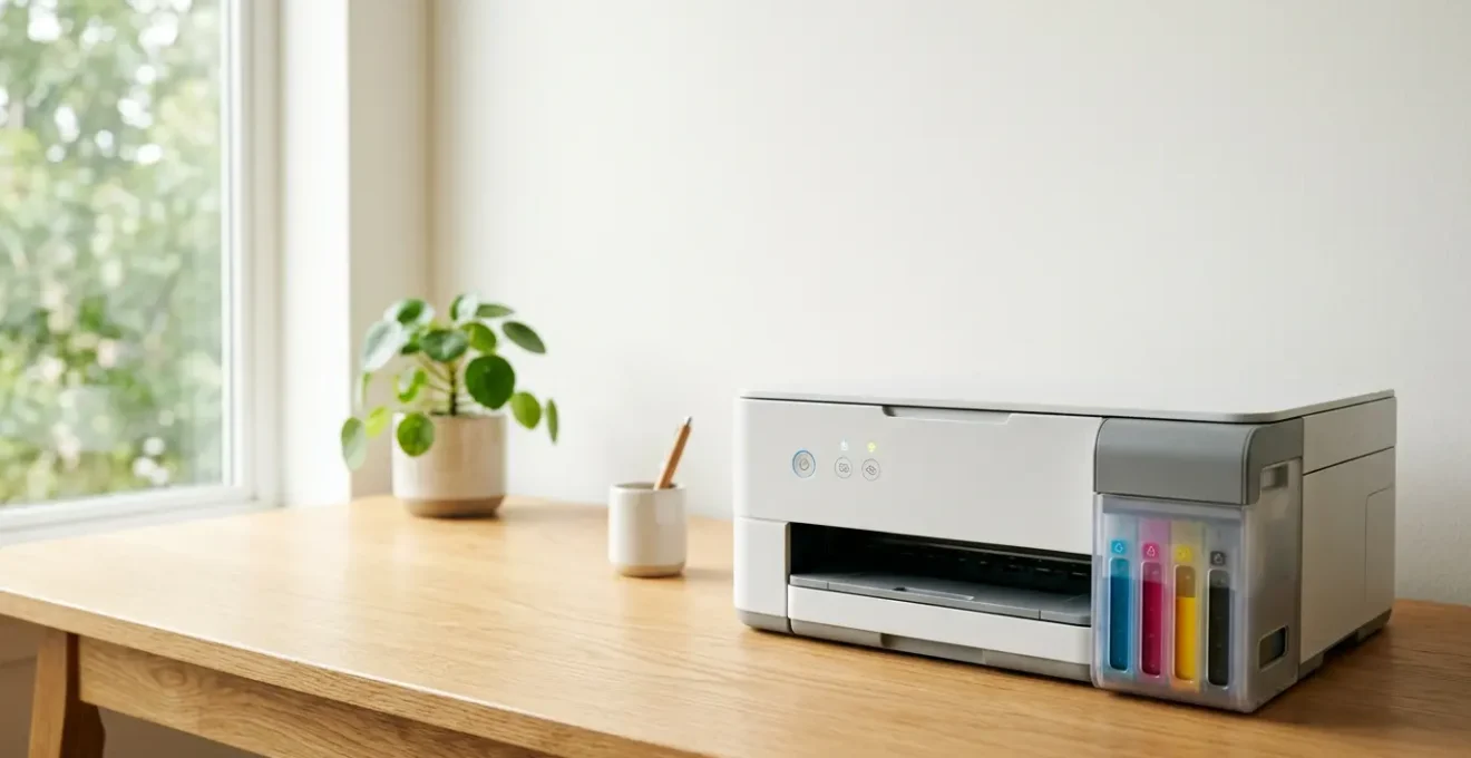 Imprimante à réservoirs d'encre transparents dans un environnement de bureau moderne