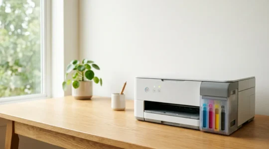 Imprimante à réservoirs d'encre transparents dans un environnement de bureau moderne