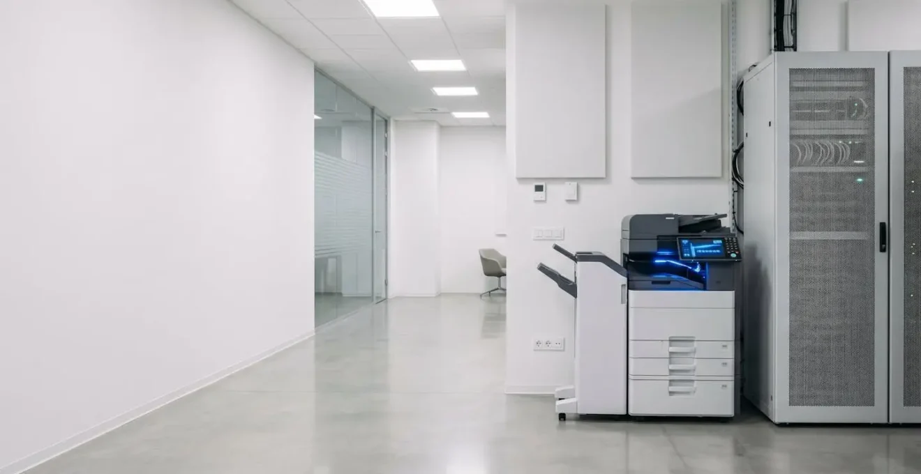 Panneau de contrôle d'imprimante moderne en cours de mise à jour de sécurité dans un environnement professionnel