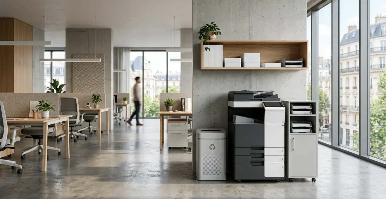 Bureau professionnel moderne avec système d'impression centralisé et documents organisés
