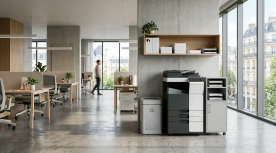 Bureau professionnel moderne avec système d'impression centralisé et documents organisés