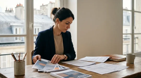 Professionnel du marketing planifiant une campagne de street marketing légale en France avec documents administratifs et matériel promotionnel