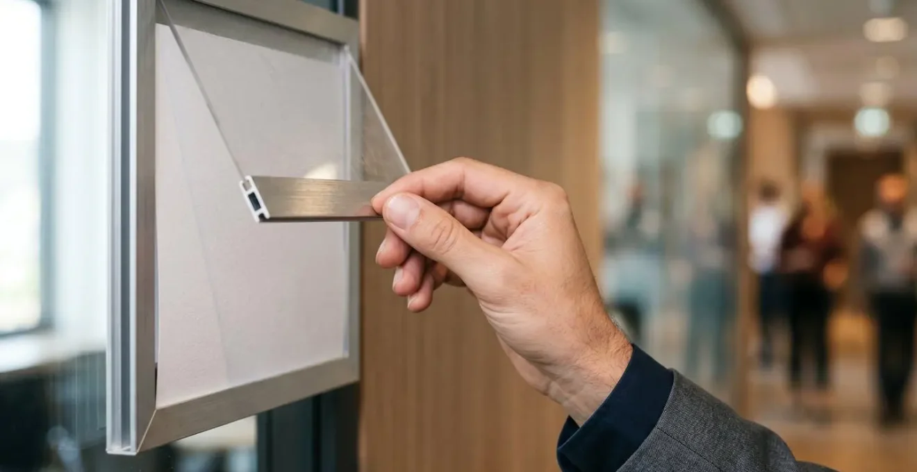 Geste de remplacement rapide d'un insert papier dans un cadre modulaire de signalétique
