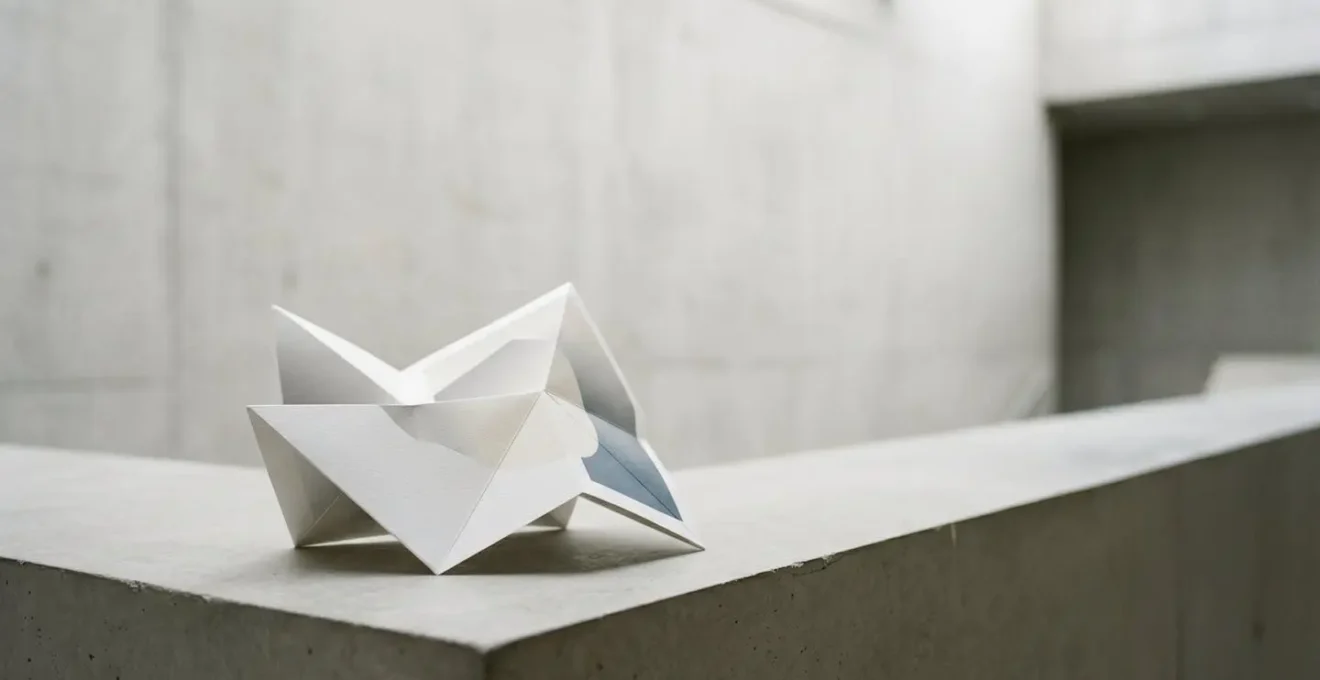 Vue artistique d'une brochure pliée révélant la structure architecturale du papier et le sens des fibres