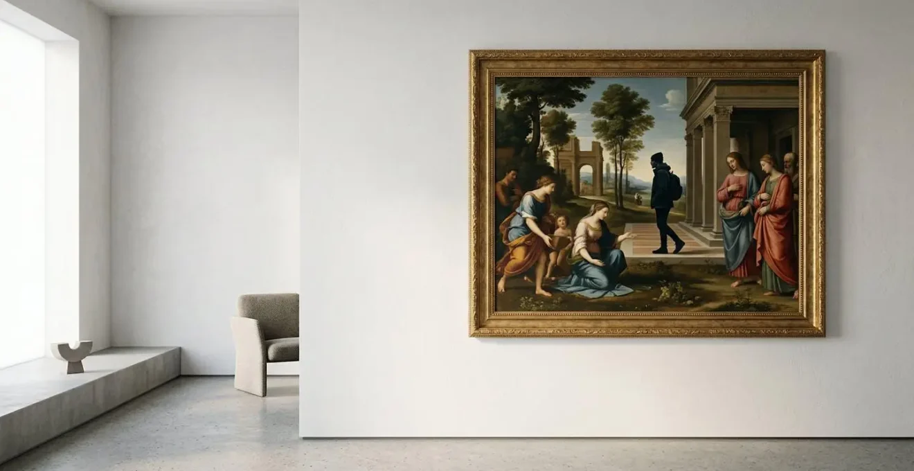 Reproduction d'œuvre de la Renaissance personnalisée exposée sur un mur blanc minimaliste moderne