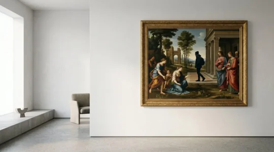 Reproduction d'œuvre de la Renaissance personnalisée exposée sur un mur blanc minimaliste moderne