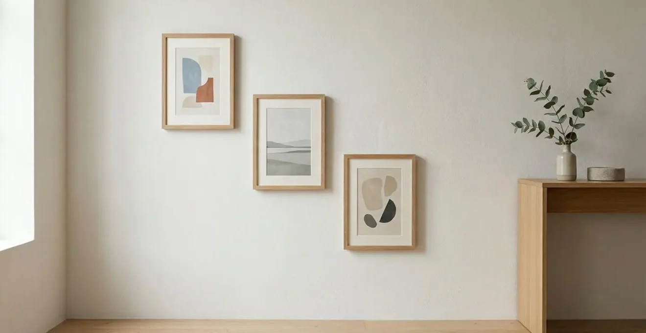 Composition murale de petits tableaux decoratifs dans un espace restreint avec eclairage naturel