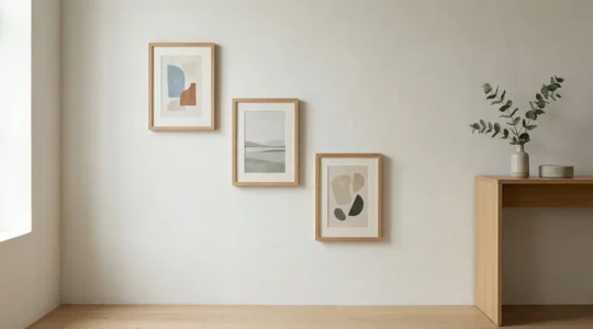 Composition murale de petits tableaux decoratifs dans un espace restreint avec eclairage naturel