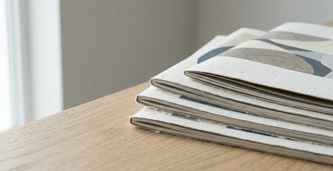 Plaquettes premium imprimées sur papier recyclé haute qualité disposées en composition architecturale