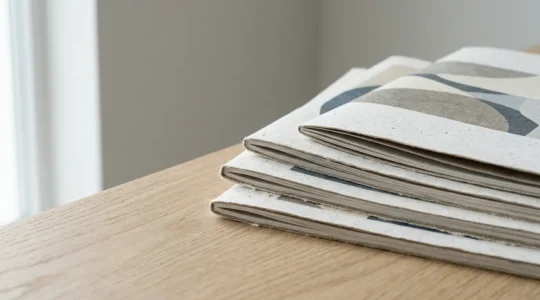 Plaquettes premium imprimées sur papier recyclé haute qualité disposées en composition architecturale