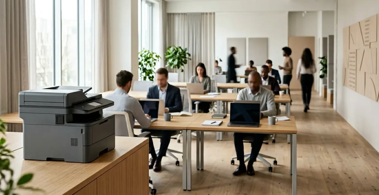 Scène d'espace de coworking moderne avec imprimante sécurisée et documents confidentiels