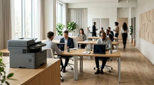 Scène d'espace de coworking moderne avec imprimante sécurisée et documents confidentiels