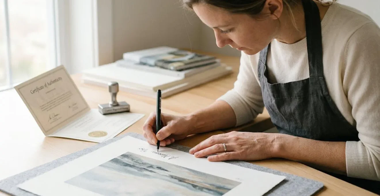 Artiste signant un tirage d'art numéroté accompagné d'un certificat d'authenticité sur une table lumineuse