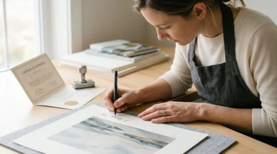 Artiste signant un tirage d'art numéroté accompagné d'un certificat d'authenticité sur une table lumineuse