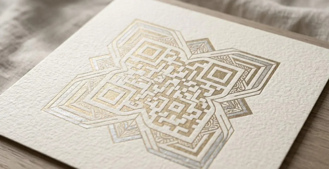 Affiche de luxe minimaliste avec QR code artistiquement intégré dans un motif graphique élégant