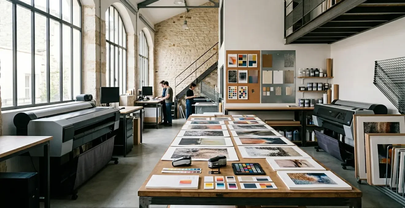 Atelier d'impression d'art en France montrant des techniques modernes de reproduction d'œuvres classiques