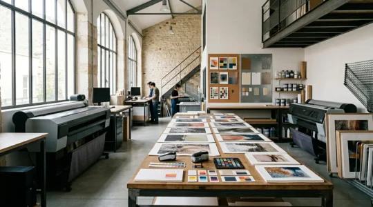 Atelier d'impression d'art en France montrant des techniques modernes de reproduction d'œuvres classiques