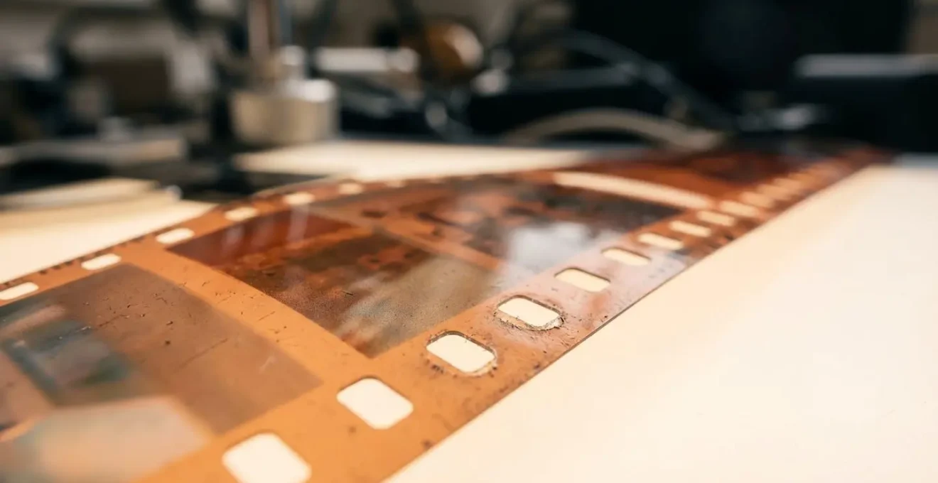 Gros plan macro sur une bande de négatif photo argentique 35mm posée sur une table lumineuse professionnelle