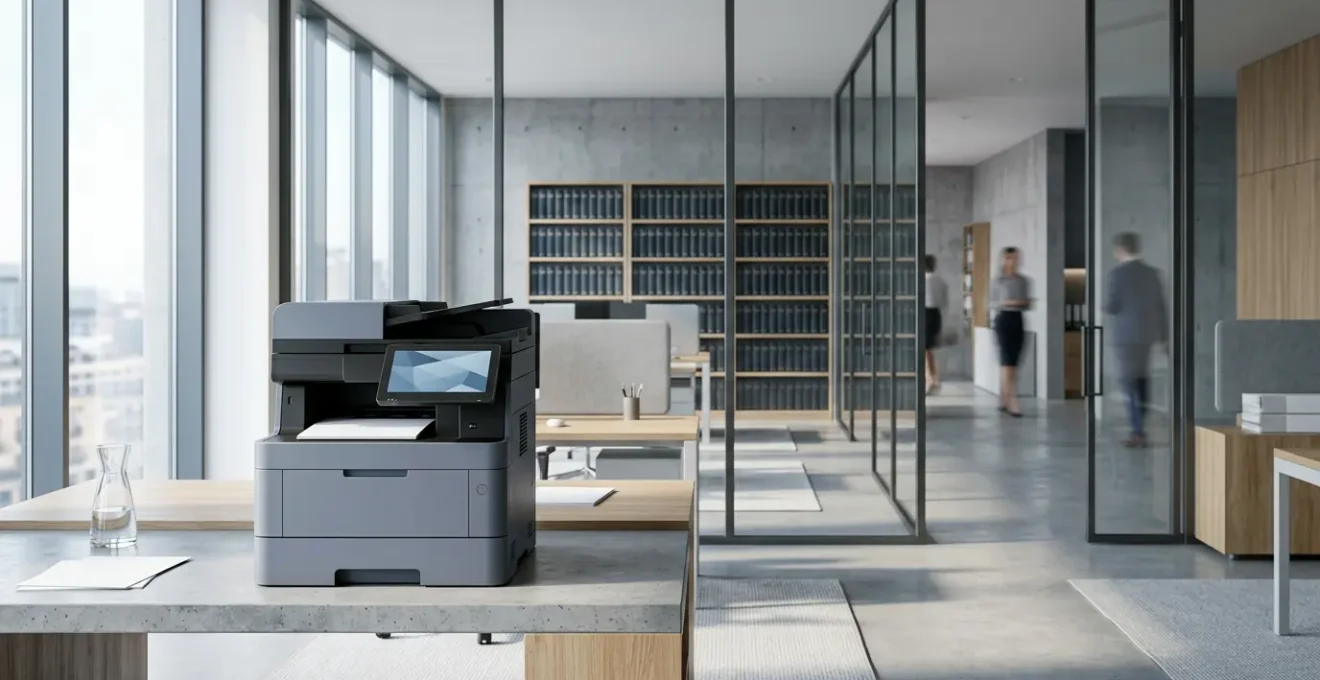 Espace de bureau contemporain avec équipement de copie professionnelle et infrastructure cloud sécurisée dans un cabinet juridique français