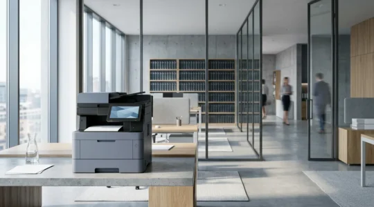 Espace de bureau contemporain avec équipement de copie professionnelle et infrastructure cloud sécurisée dans un cabinet juridique français