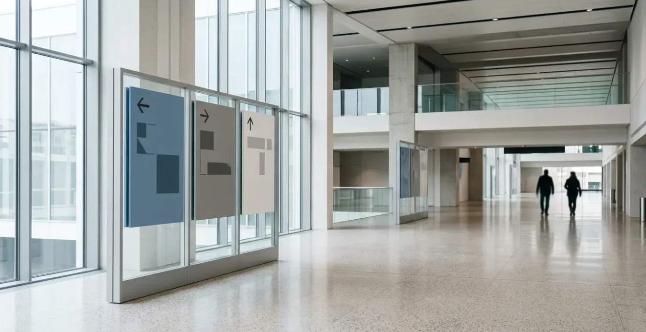 Panneaux directionnels modernes guidant les visiteurs dans un espace architectural contemporain éclairé naturellement