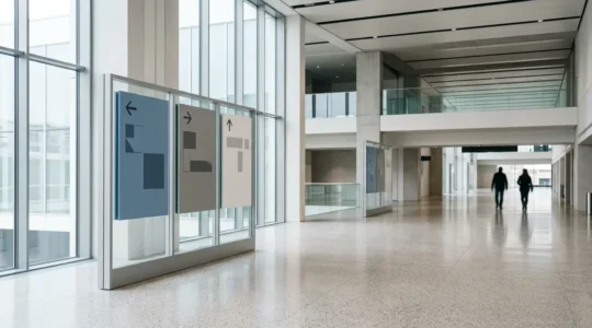 Panneaux directionnels modernes guidant les visiteurs dans un espace architectural contemporain éclairé naturellement