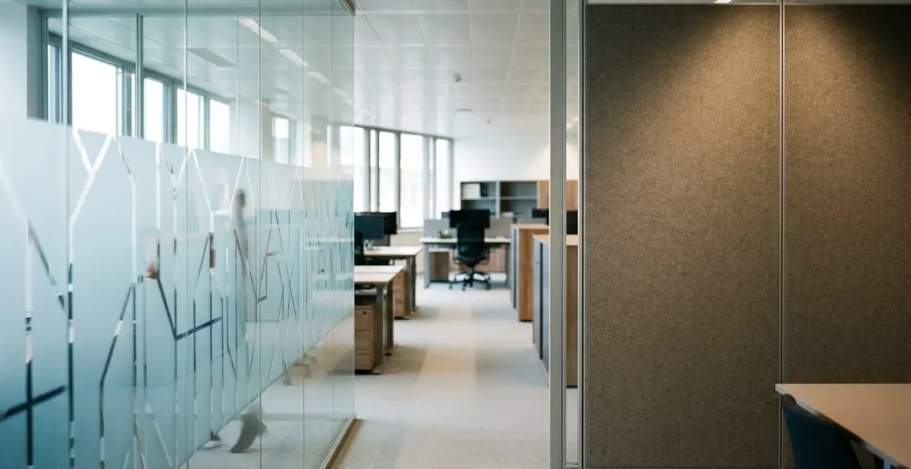 Vue d'ensemble d'un bureau moderne où vitrophanie dépolie et panneaux acoustiques créent une double barrière visuelle et sonore