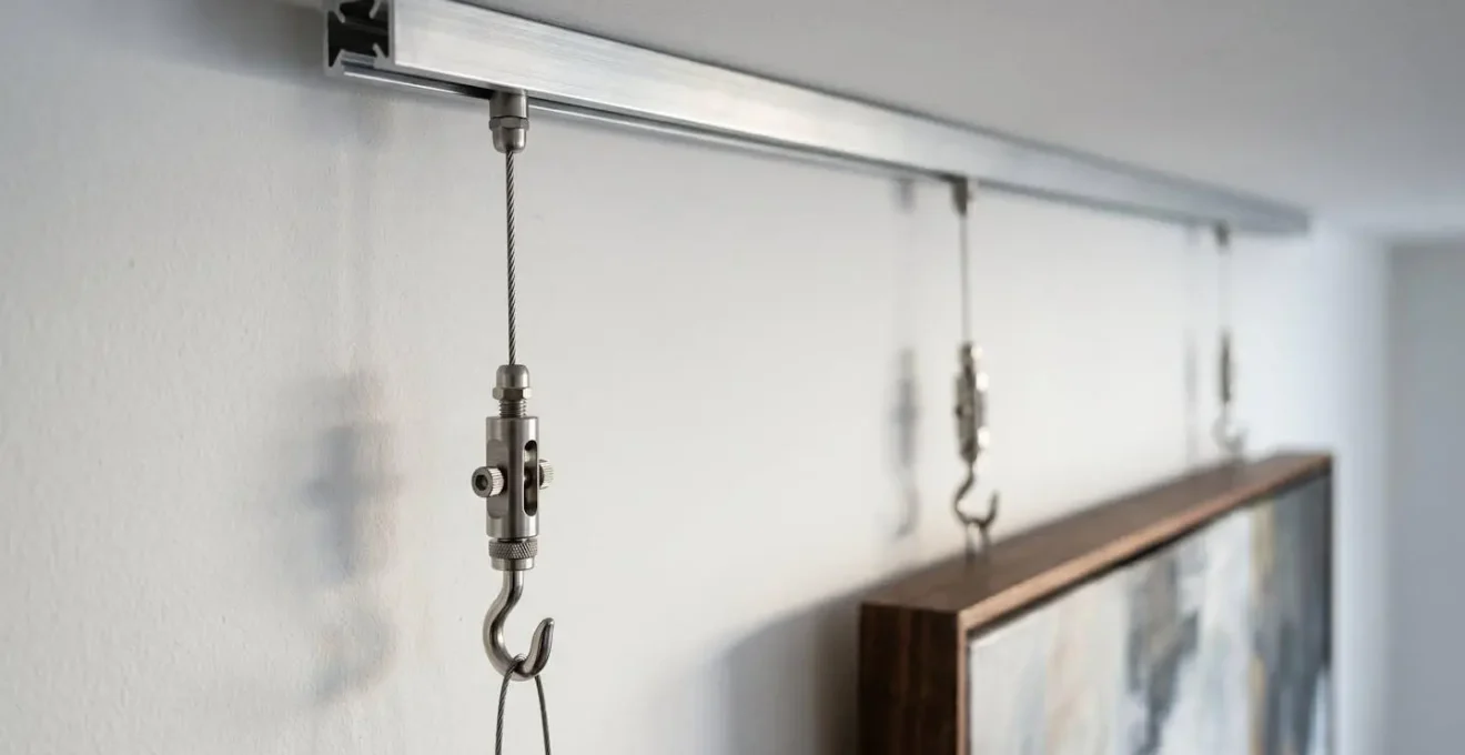 Système de cimaise avec câbles et crochets pour accrocher une toile sans percer le mur