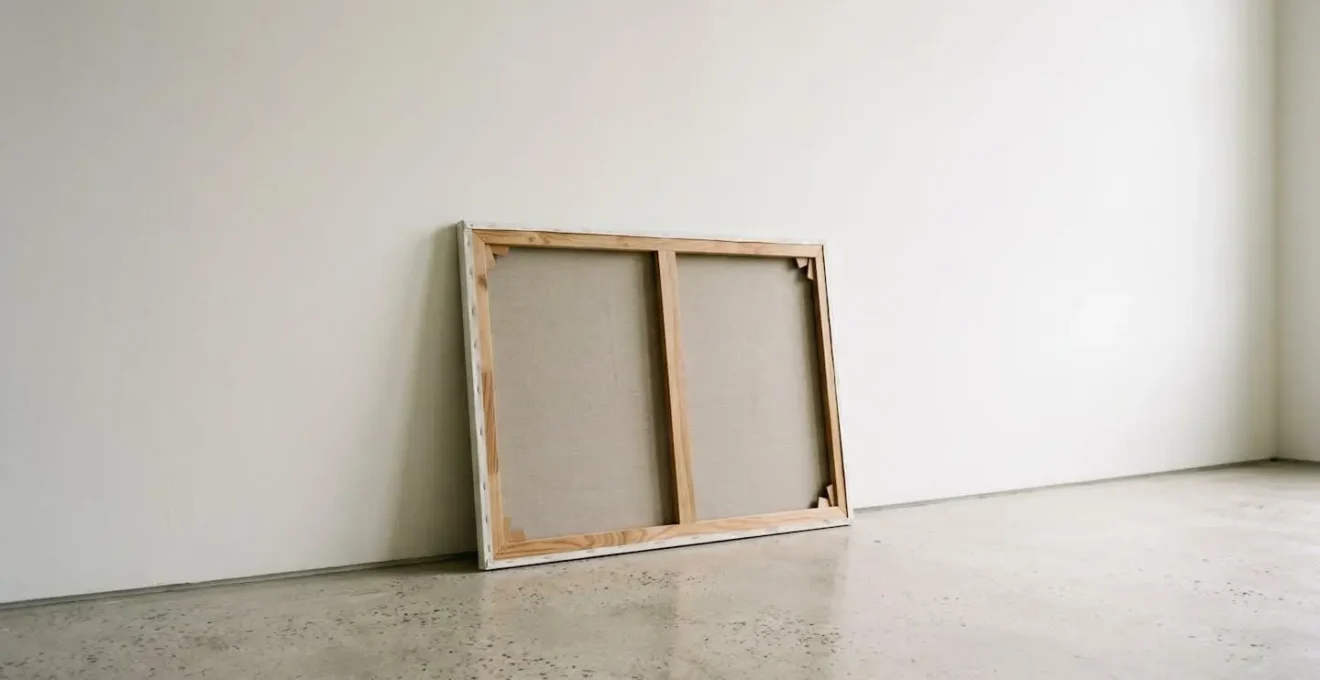 Vue d'ensemble d'un grand tableau artistique posé contre un mur sur un sol moderne avec espace ambiant épuré