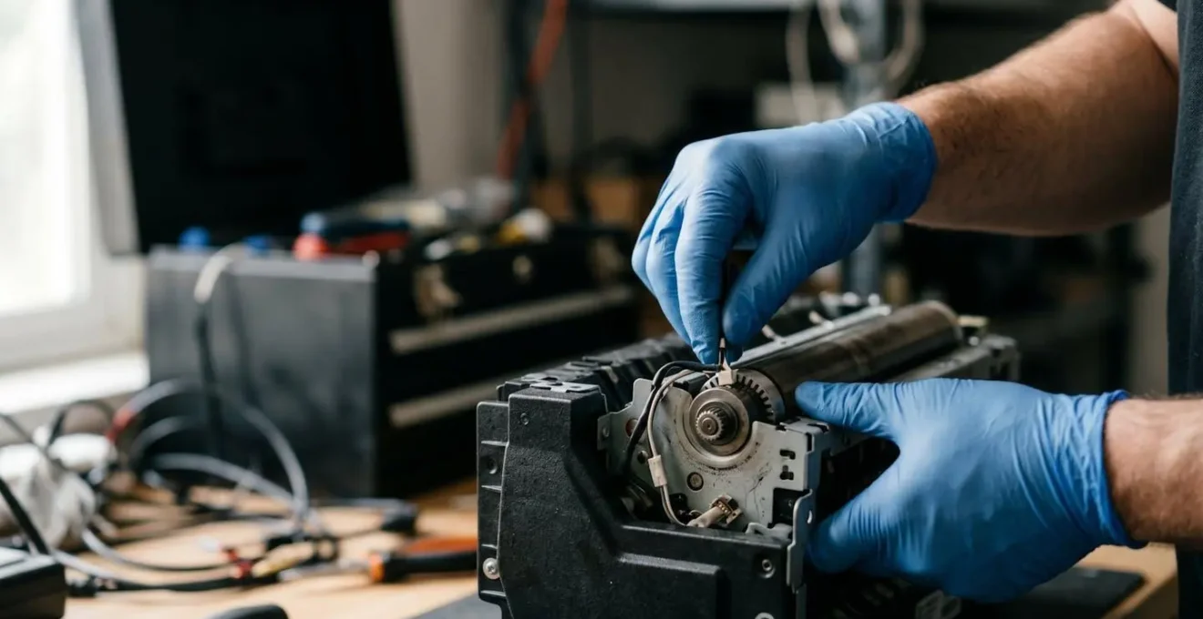 Mains d'un technicien manipulant un composant d'imprimante lors d'une maintenance