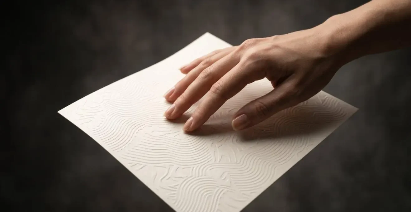 Main effleurant délicatement une surface de papier soft-touch évoquant la mémoire tactile
