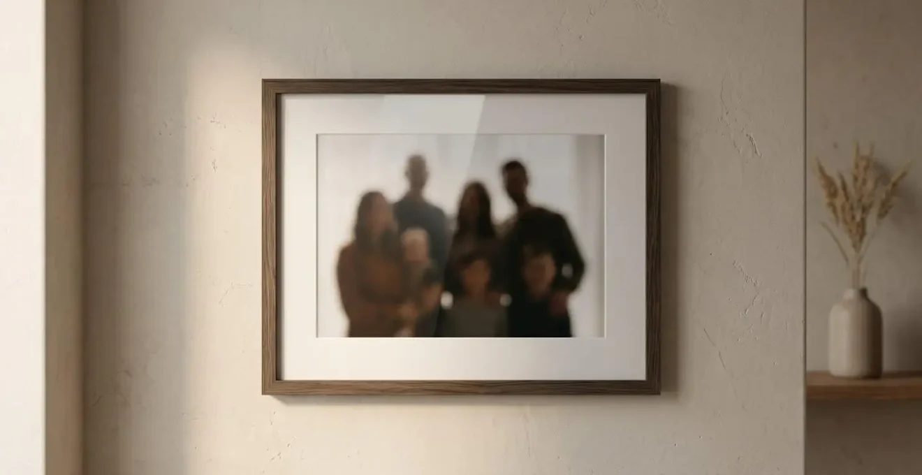 Portrait de famille encadré avec verre anti-UV accroché sur un mur intérieur baigné de lumière naturelle douce