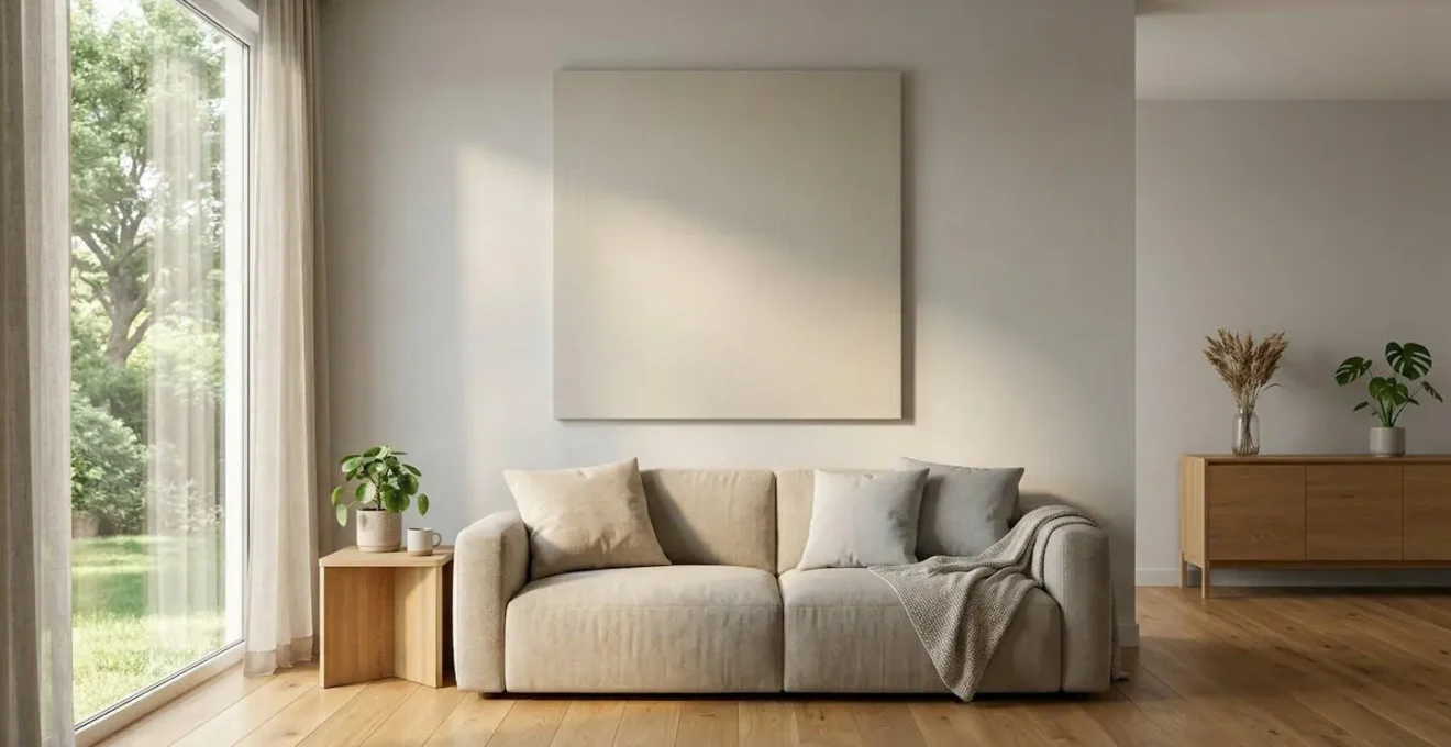 Grande toile imprimée dans un salon moderne baigné de lumière naturelle, montrant la texture et la qualité de l'impression