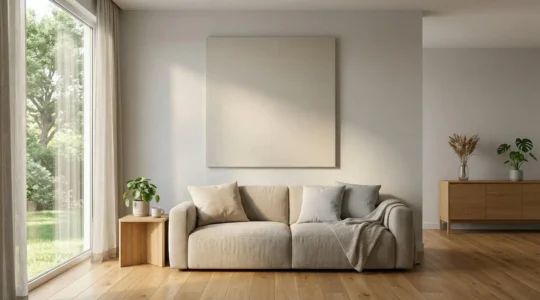 Grande toile imprimée dans un salon moderne baigné de lumière naturelle, montrant la texture et la qualité de l'impression