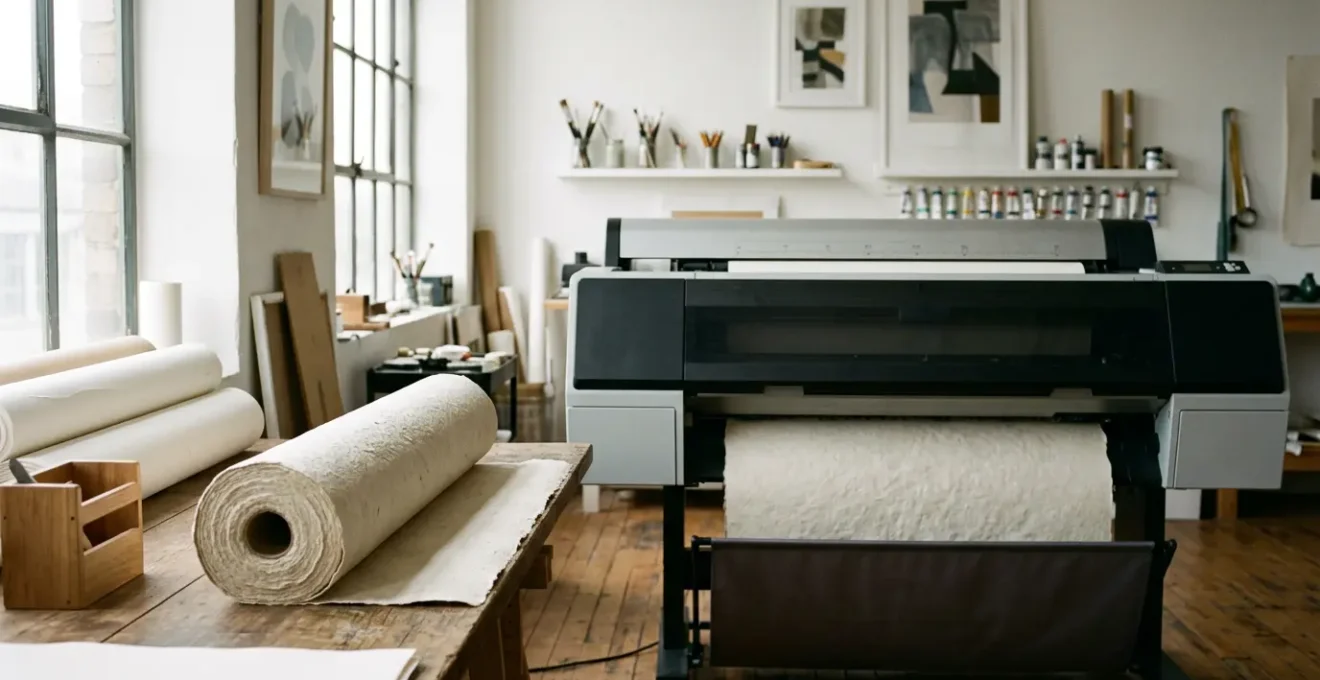 Traceur grand format professionnel dans un atelier d'artiste lumineux avec rouleaux de papier fine art