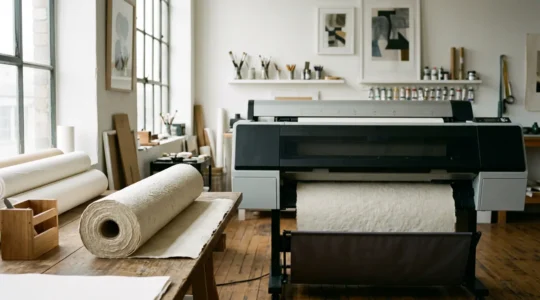 Traceur grand format professionnel dans un atelier d'artiste lumineux avec rouleaux de papier fine art