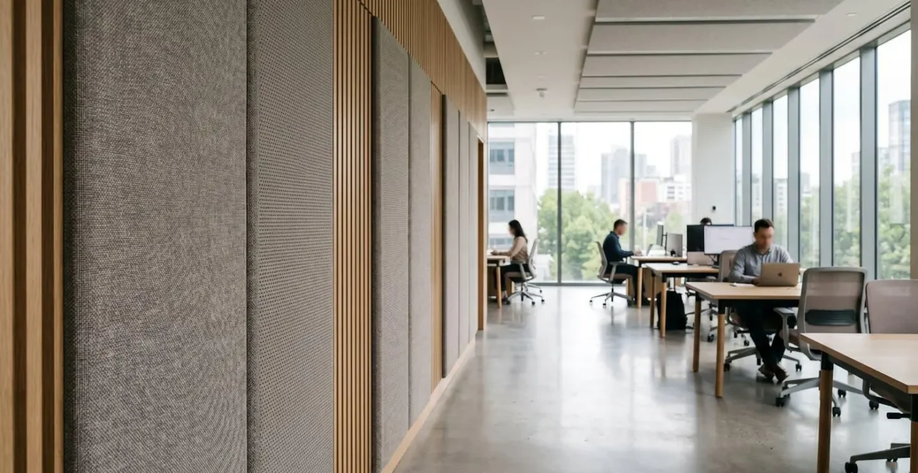 Environnement de bureau traité acoustiquement avec panneaux absorbants et aménagement optimisé pour réduire la réverbération