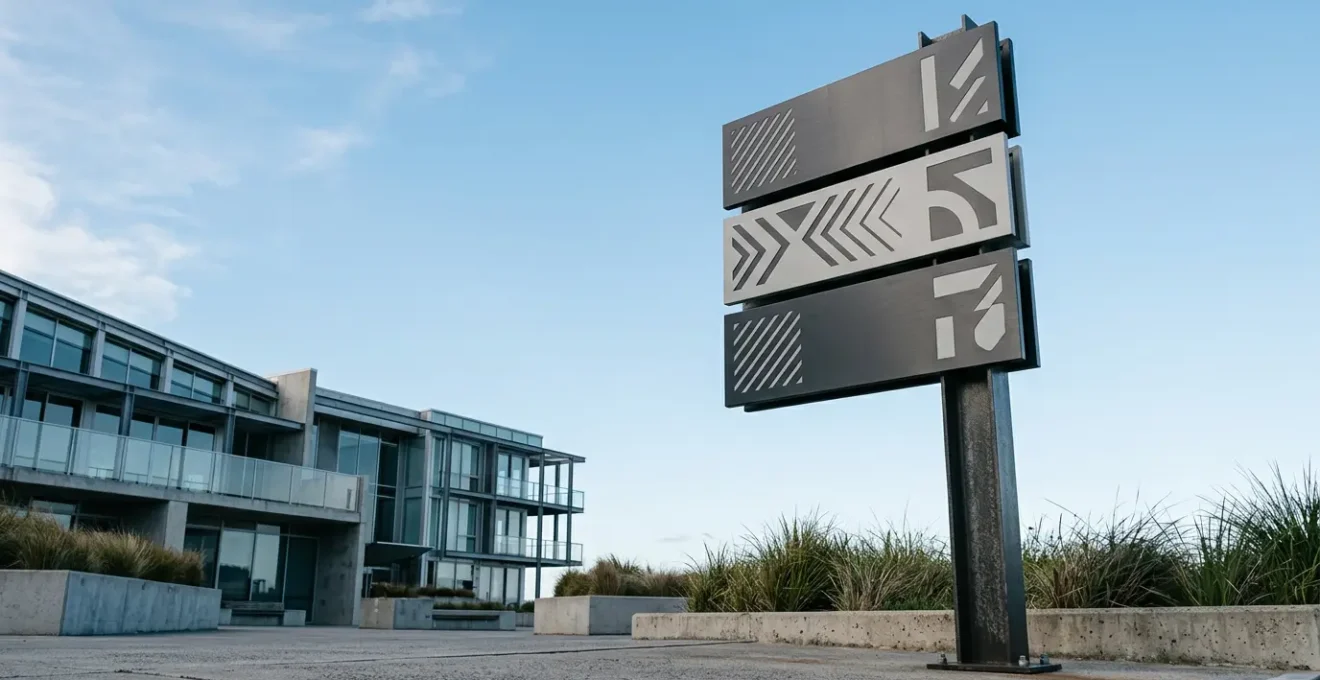 Panneau directionnel commercial avec typographie sans-serif contrastée visible à grande distance