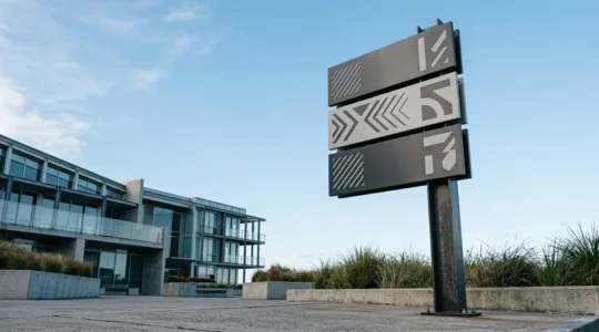 Panneau directionnel commercial avec typographie sans-serif contrastée visible à grande distance