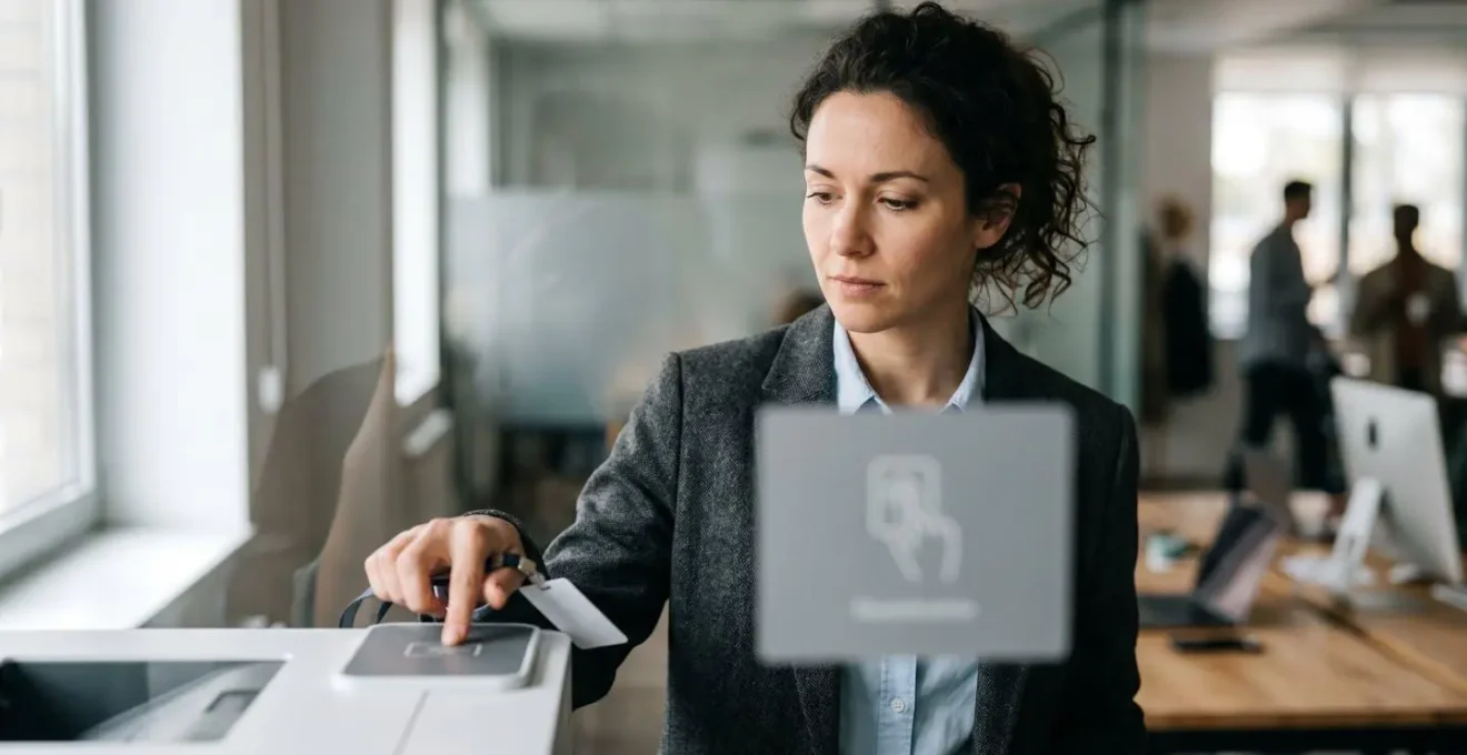 Moment de validation par badge devant une imprimante professionnelle