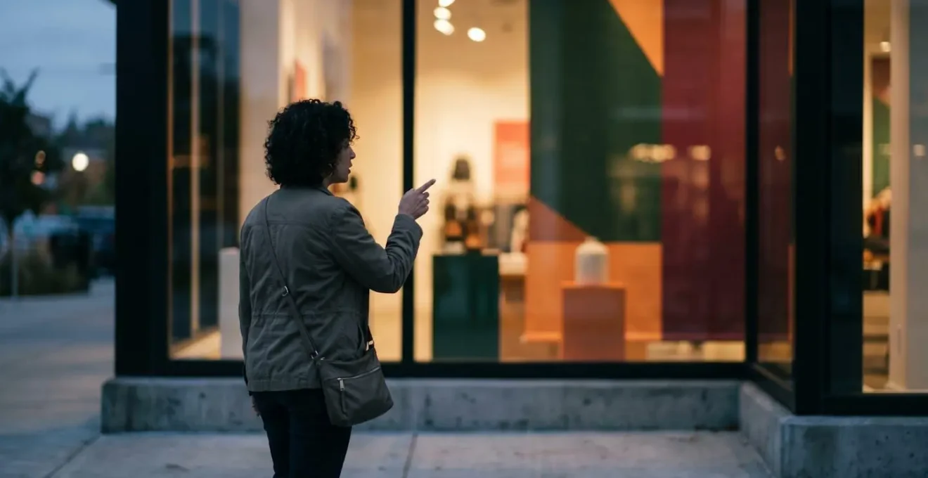 Vitrine de boutique moderne avec visuels saisonniers créant anticipation chez les passants