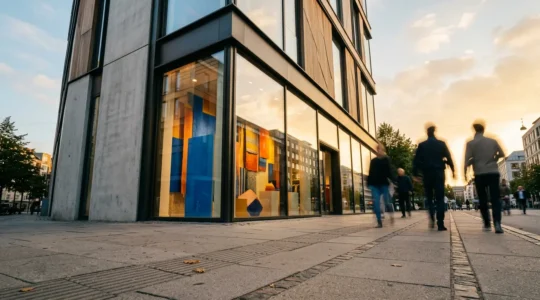 Devanture moderne de commerce avec impression grand format en vitrine attirant les passants