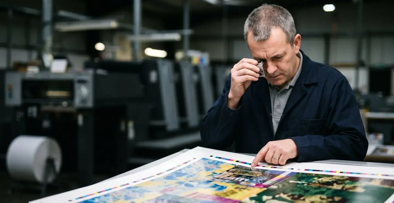 Validation d'un bon à tirer sur presse offset avec contrôle qualité des couleurs par le pressier
